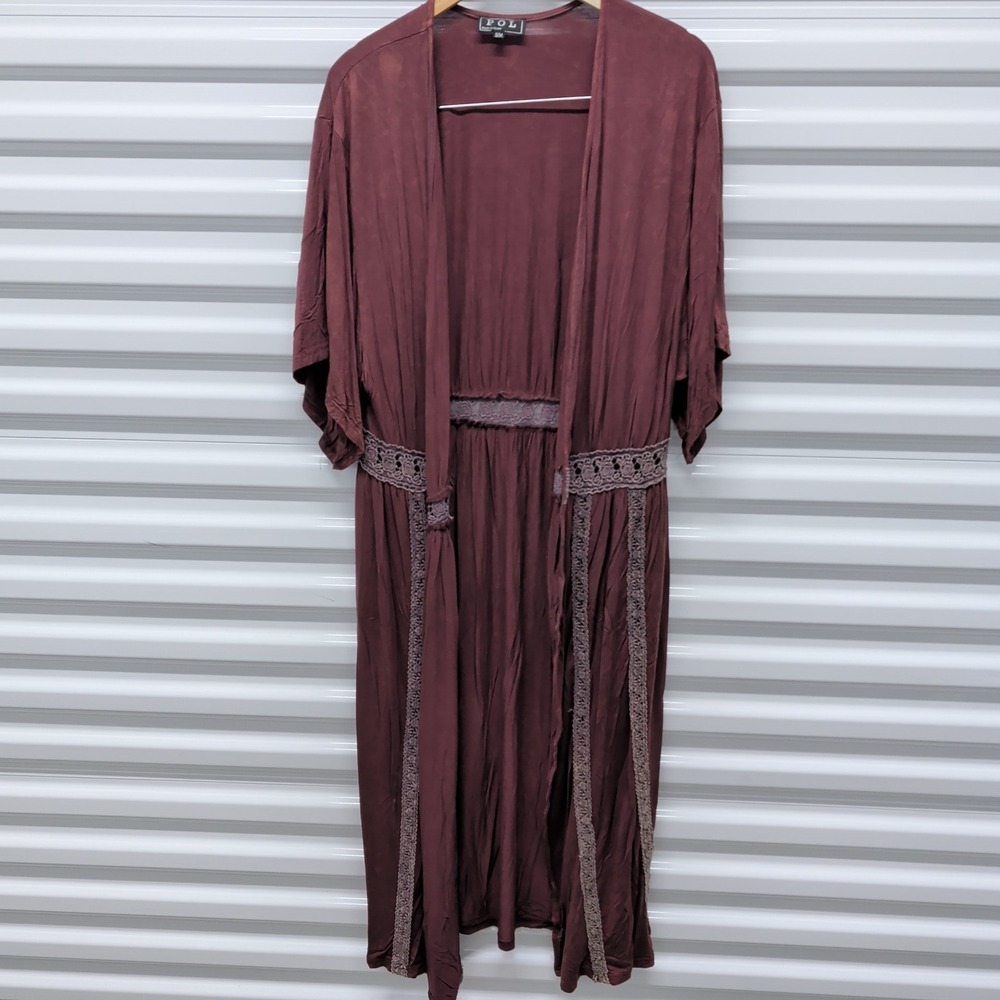 POL Duster Cardigan Size S/M‎ Womens Burgundy Crochet Lace Trim Boho Kimono Long